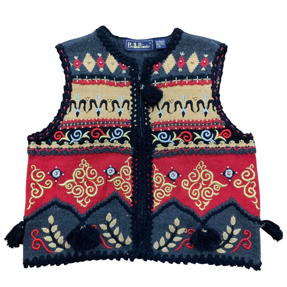 VTG‎ Belle Pointe Hand-Knit Wool Vest Multicolor Embroidery Tassels Grandmacore